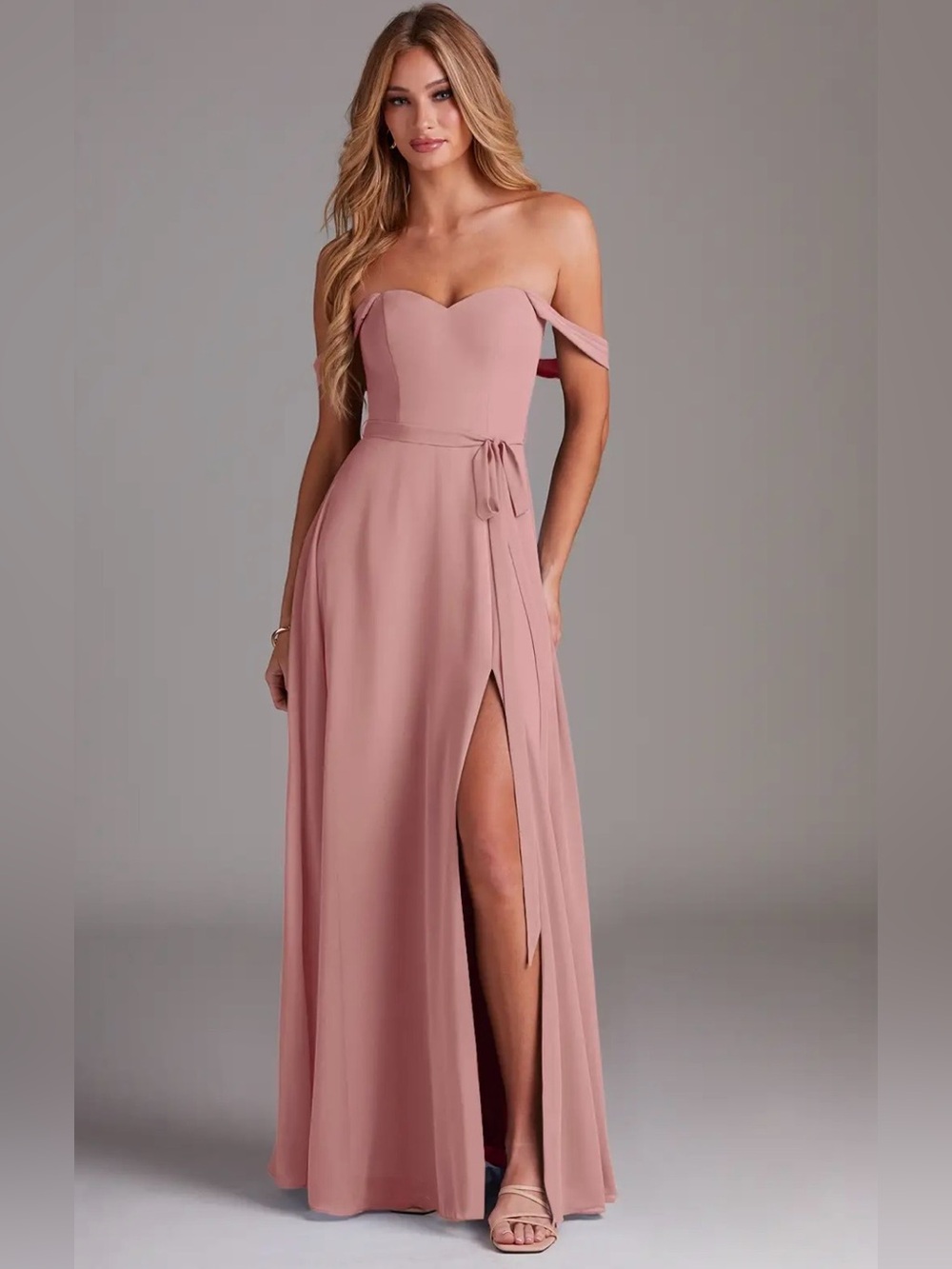 Azazie NWT Dusty Rose Aaron Chiffon Off Shoulder Bridesmaid Gown 6
